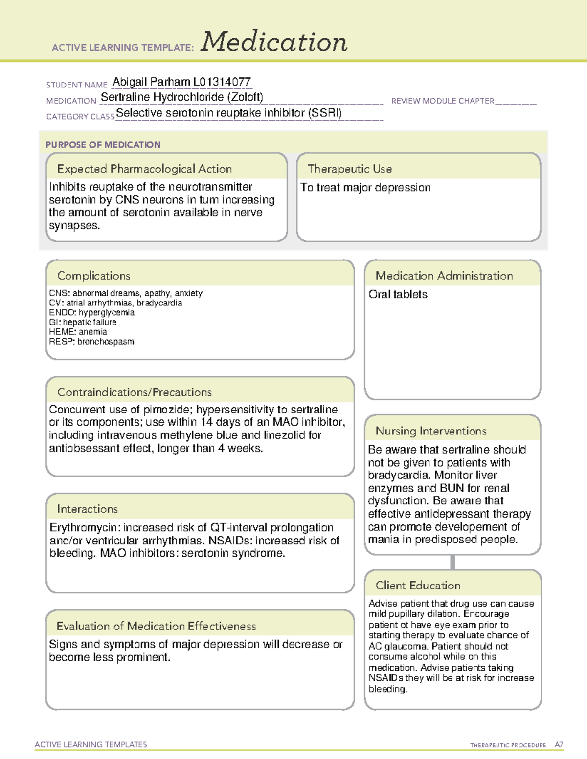 Depression Medication Card Zoloft ACTIVE LEARNING TEMPLATES