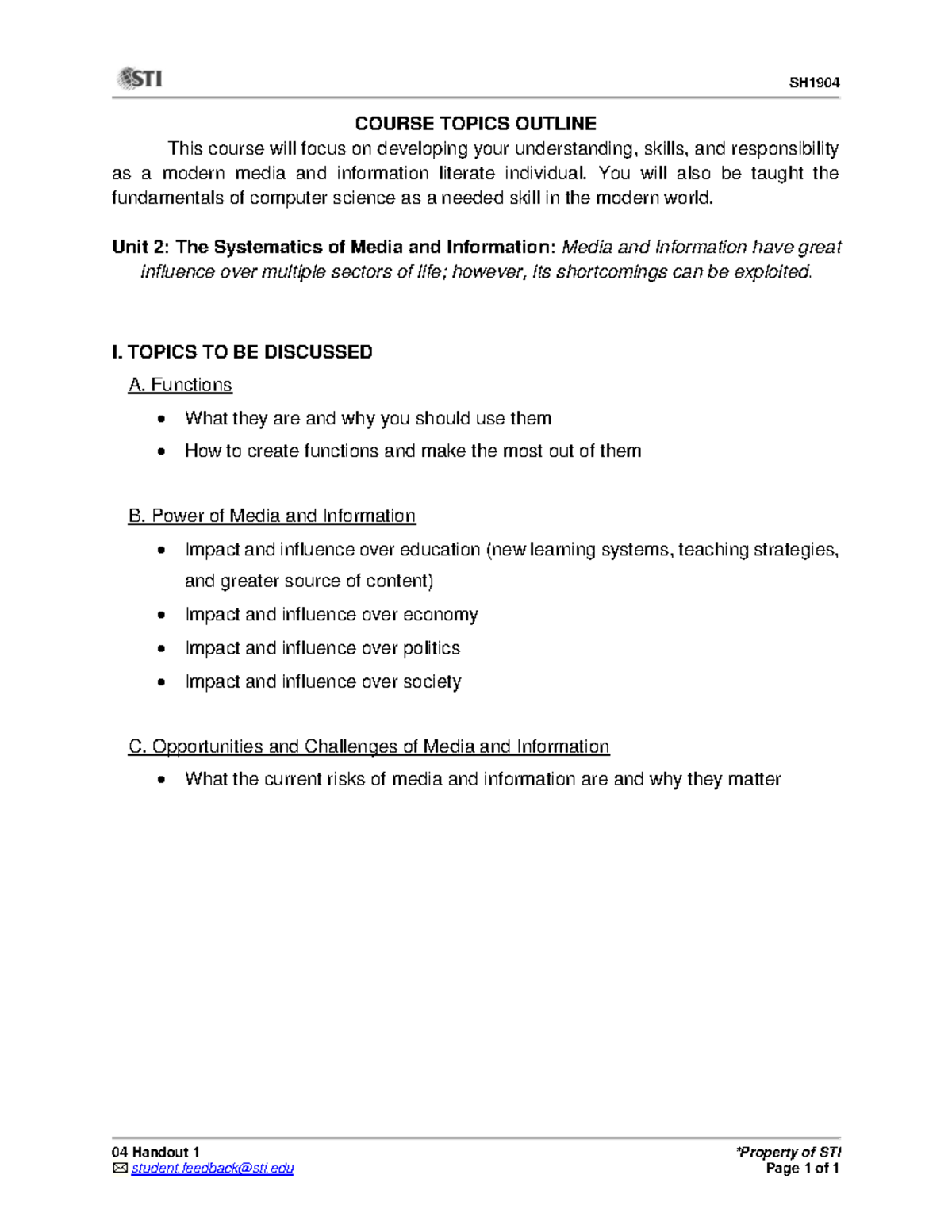 Course Topics Outline MIL - SH 04 Handout 1 *Property of STI student ...