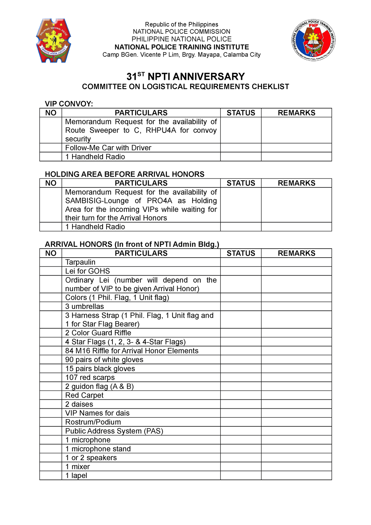 Checklist FOR 31ST NPTI Anniversary 31 ST NPTI ANNIVERSARY COMMITTEE