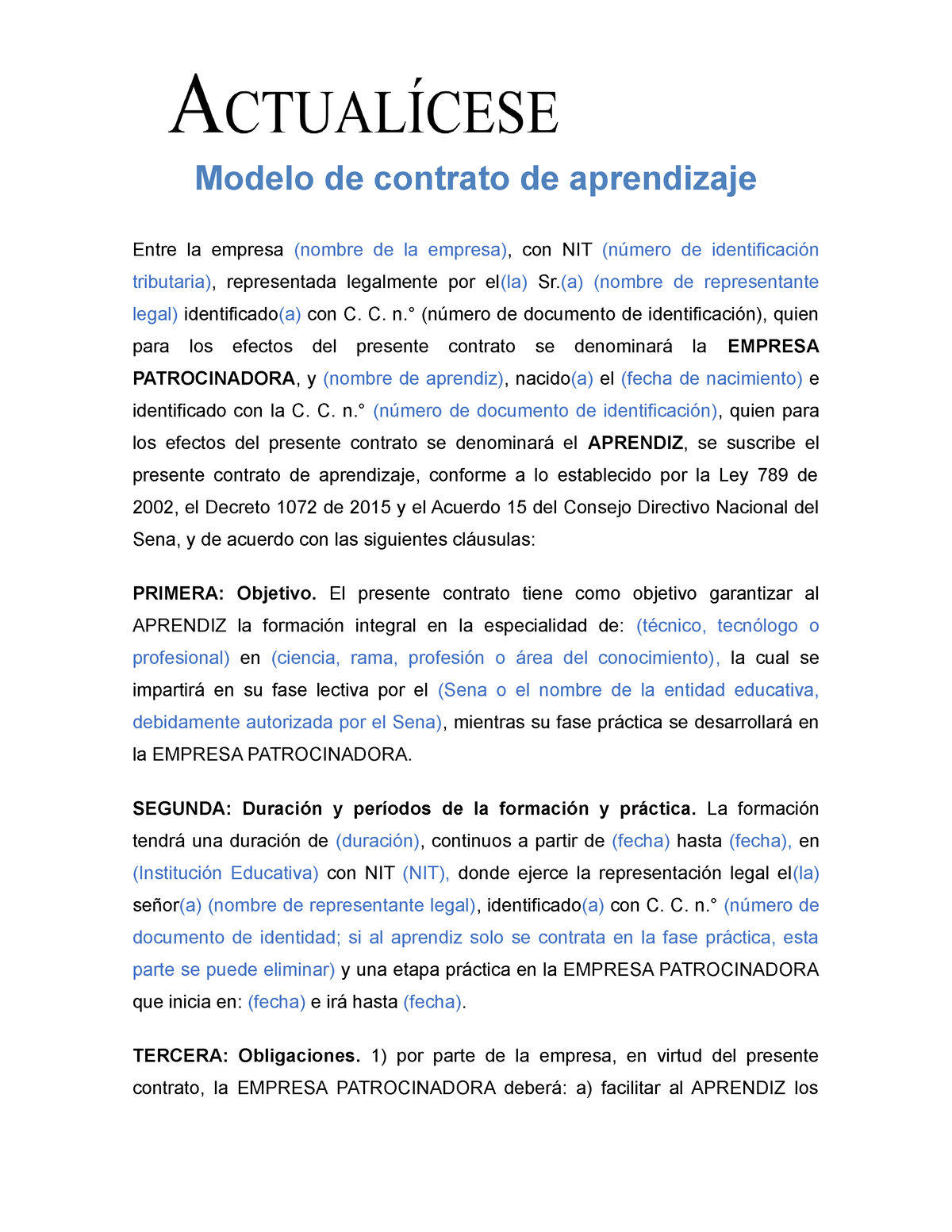 VA20 Modelo contrato de aprendizaje - Modelo de contrato de aprendizaje  Entre la empresa (nombre de - Studocu