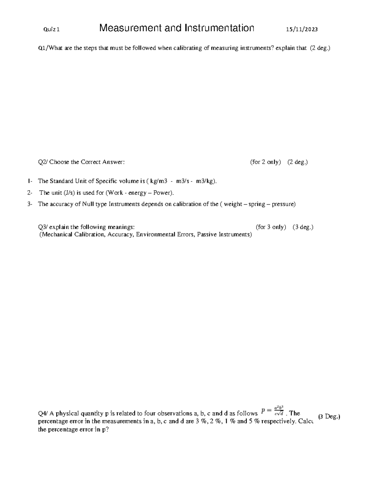 Quiz1 quiz in measurement system Quiz 1 Measurement and