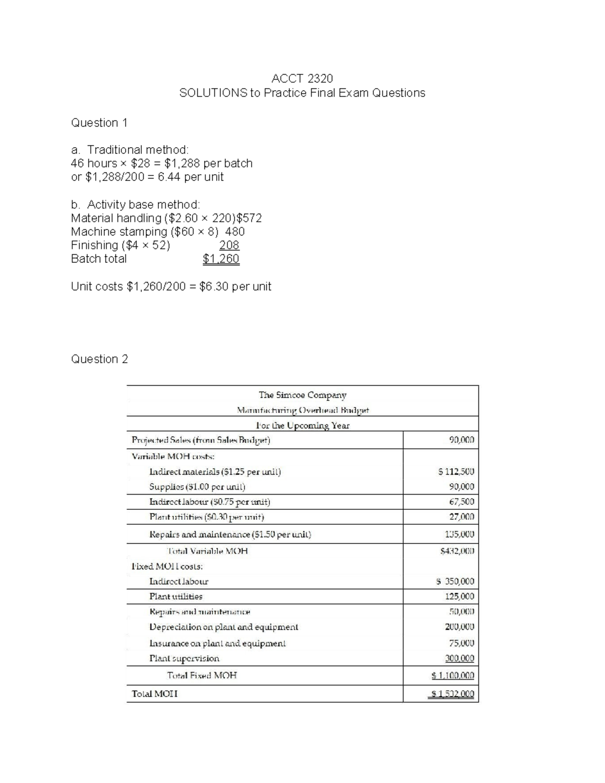 Final Exam Prep - Solutions to practice Qs - ACCT 2320 SOLUTIONS to ...
