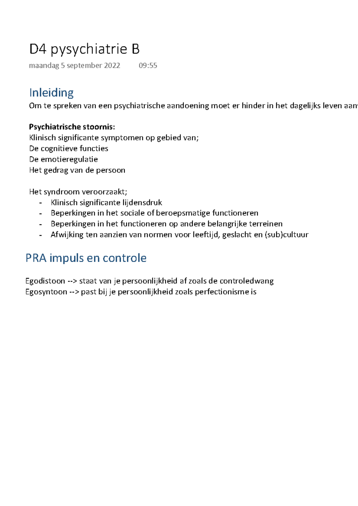 Pysychiatrie B - Psychiatrie B - PRA Impuls En Controle Egodistoon ...