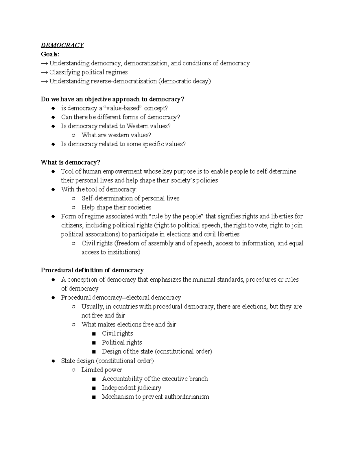 Democracy - Lecture notes - DEMOCRACY Goals: → Understanding democracy ...