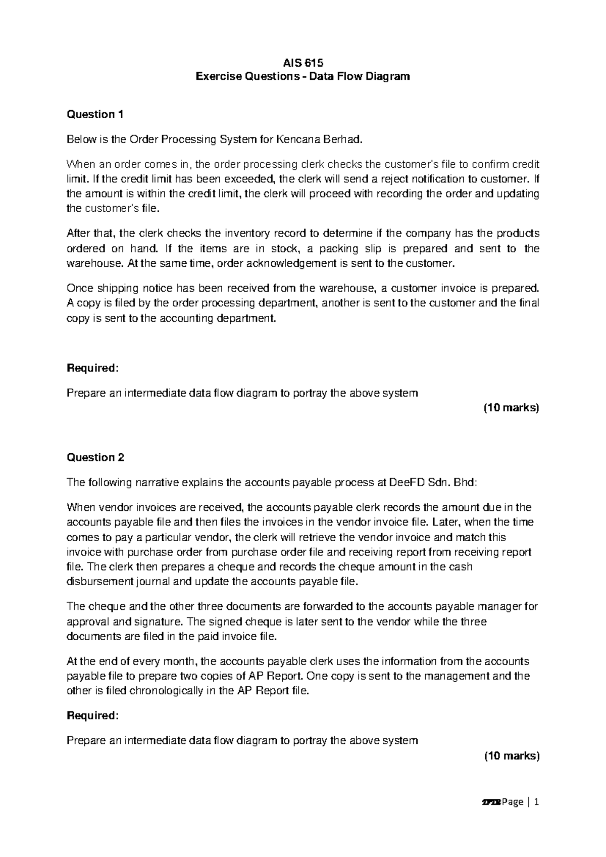 Exercise Question DFD - Thanks - AIS 615 Exercise Questions - Data Flow ...
