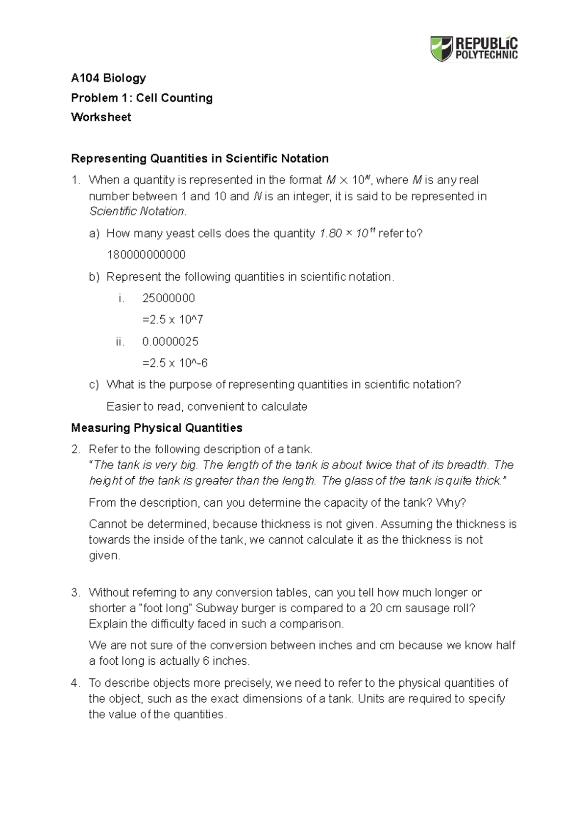 AY 2015 Sem 1 A104 P01 WS bio 2 - A104 Biology Problem 1: Cell Counting ...