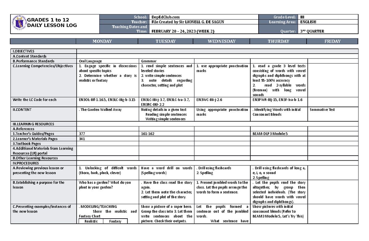 Dll English 3 Q3 W2 -  - Grades 1 To 12 Daily Lesson Log School 