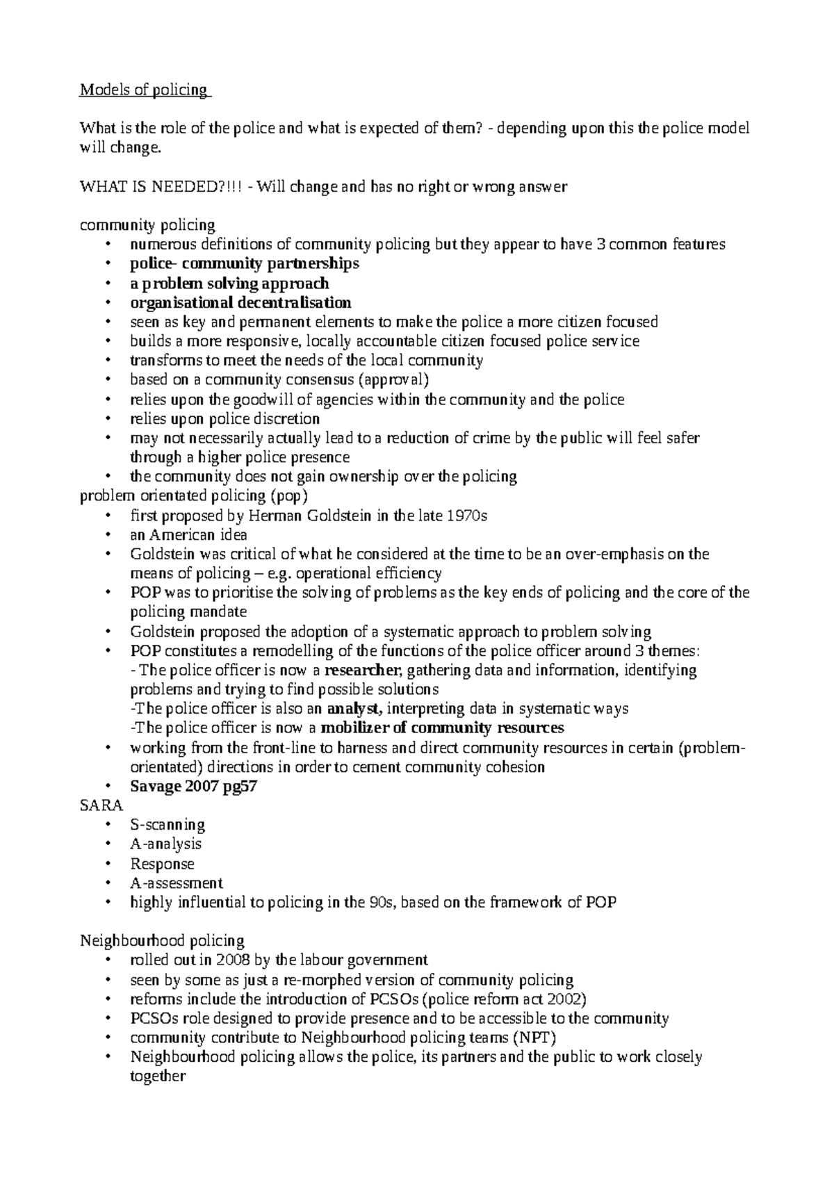 Models of policing - Lecture notes 5 - Models of policing What is the ...