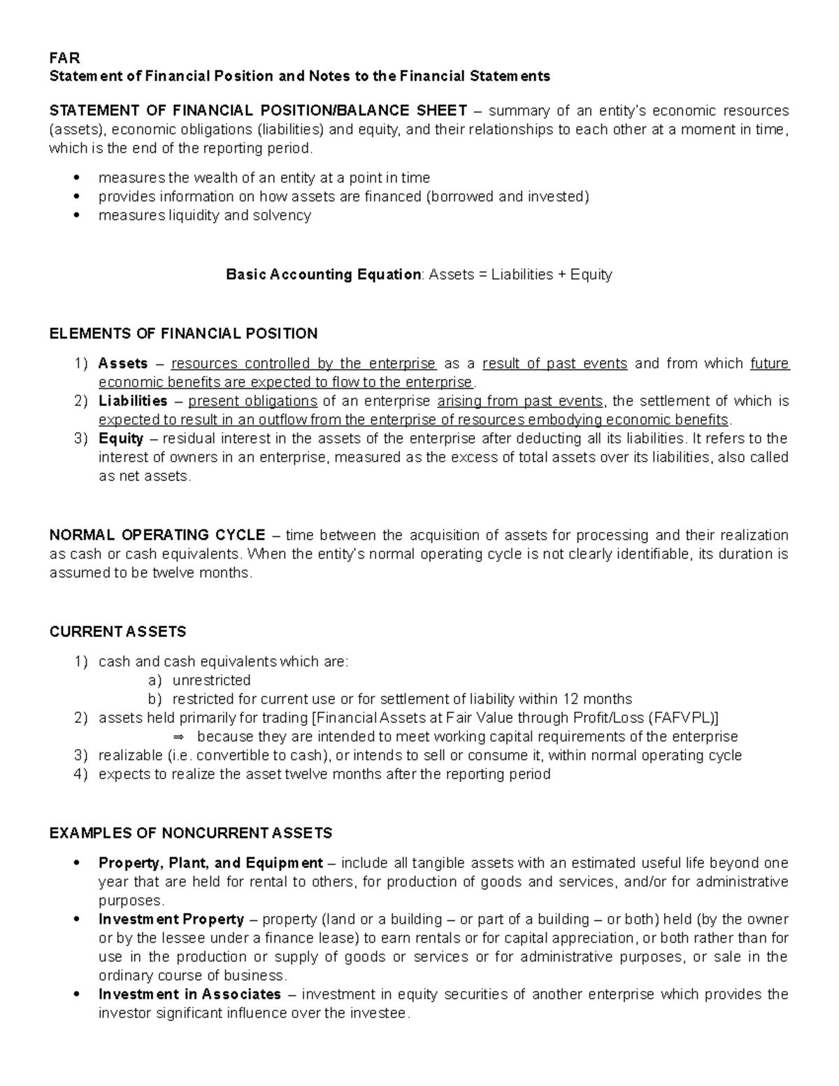 Statement of Financial Position Notes - FAR Statement of Financial ...