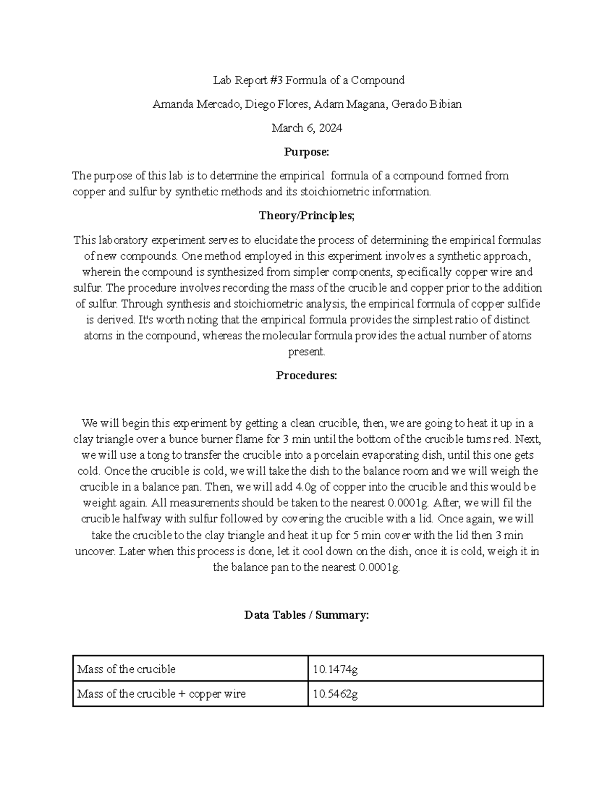 Lab 3 Formula of a Compound - Lab Report #3 Formula of a Compound ...