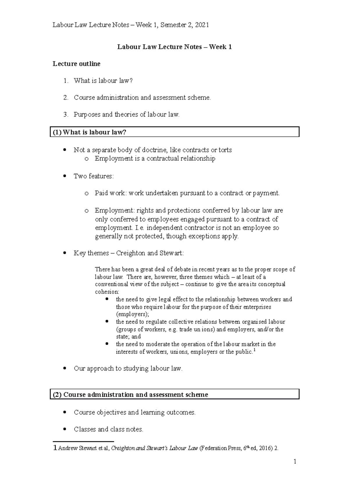 Labour Law Lecture Notes - Week 1 - 2021 - Labour Law Lecture Notes ...