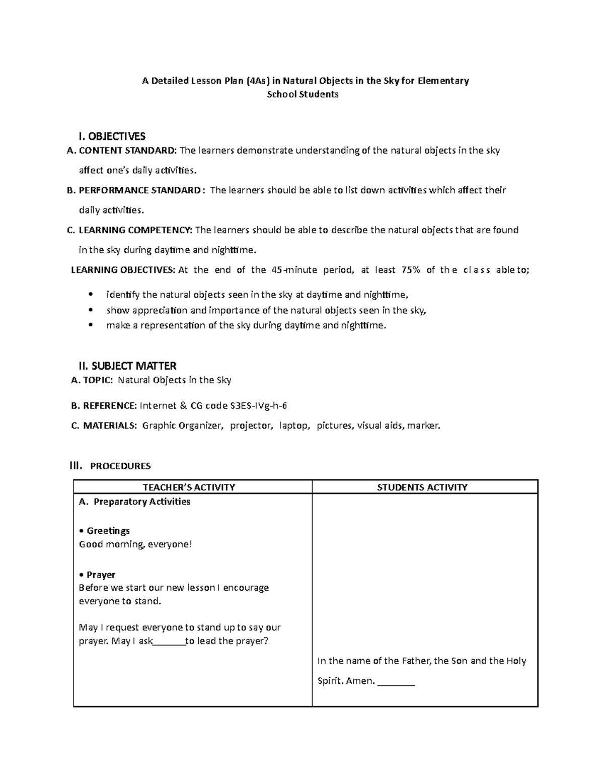 4A’s Detailed lesson plan Natural object in the sky A Detailed Lesson