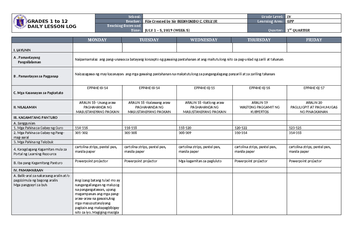 DLL EPP 4 Q1 W5 - Notes - GRADES 1 To 12 DAILY LESSON LOG School: Grade ...