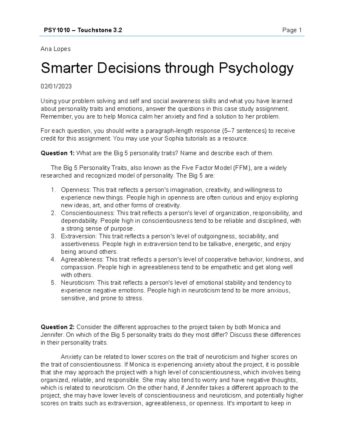 PSY101 Case Study 2 - Sophia Learning course assignment - Ana Lopes ...