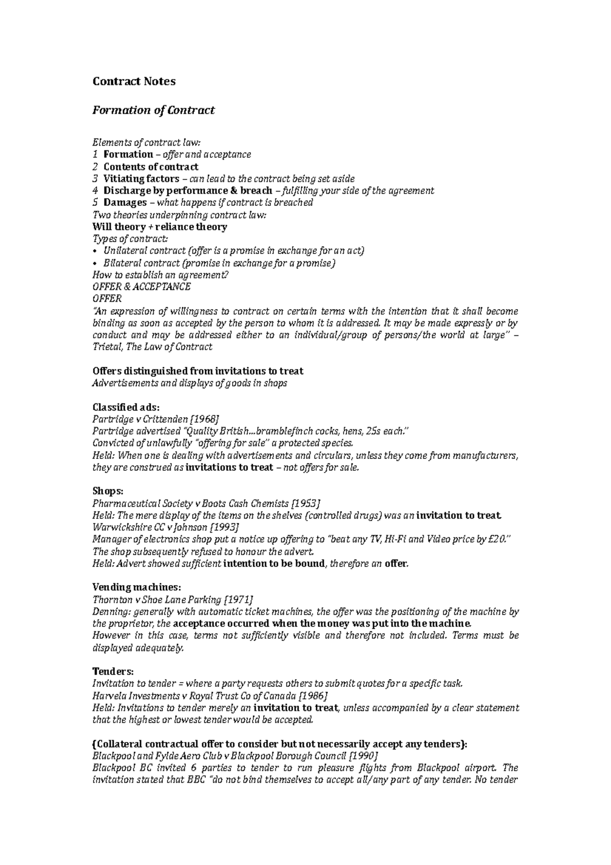 Contract Notes - Contract Notes Formation of Contract Elements of ...