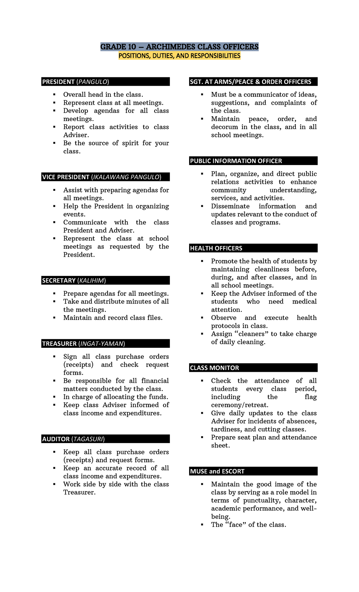 Positions Duties AND Responsibilities GRADE 10 ARCHIMEDES CLASS 