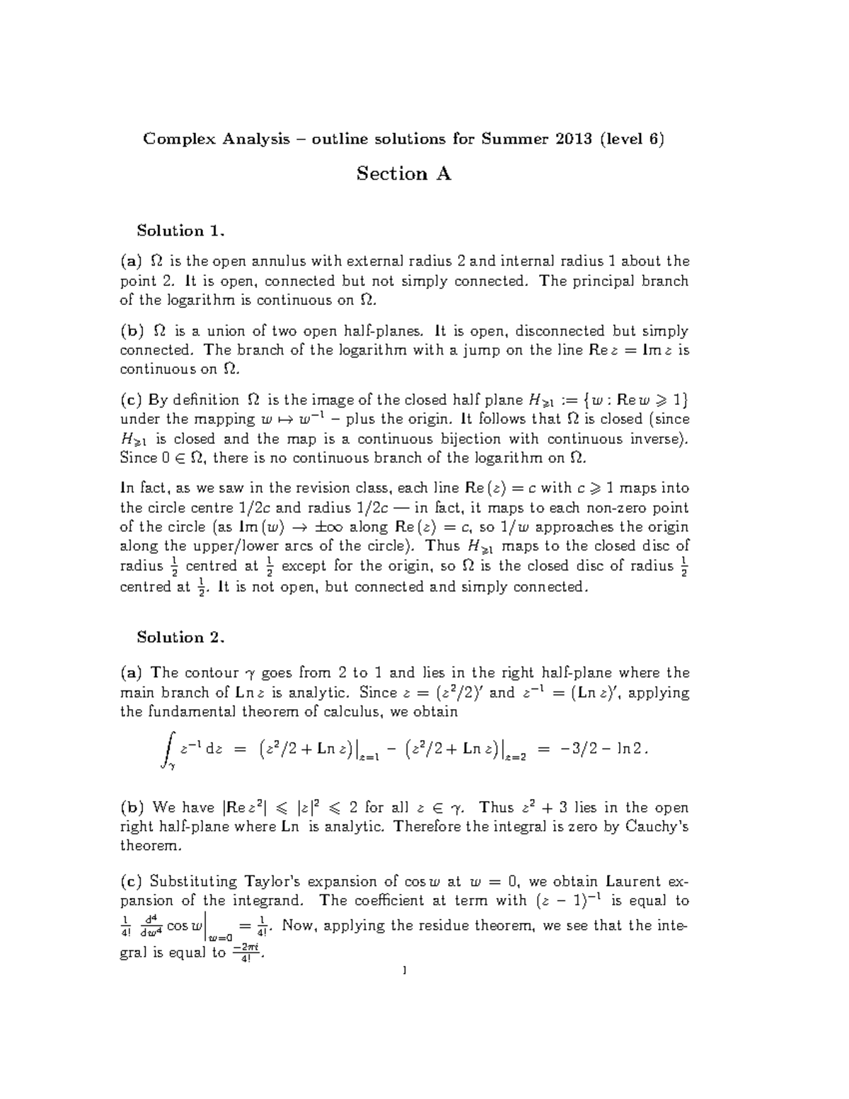 Exam May 2013, answers - Complex Analysis outline solutions for Summer ...