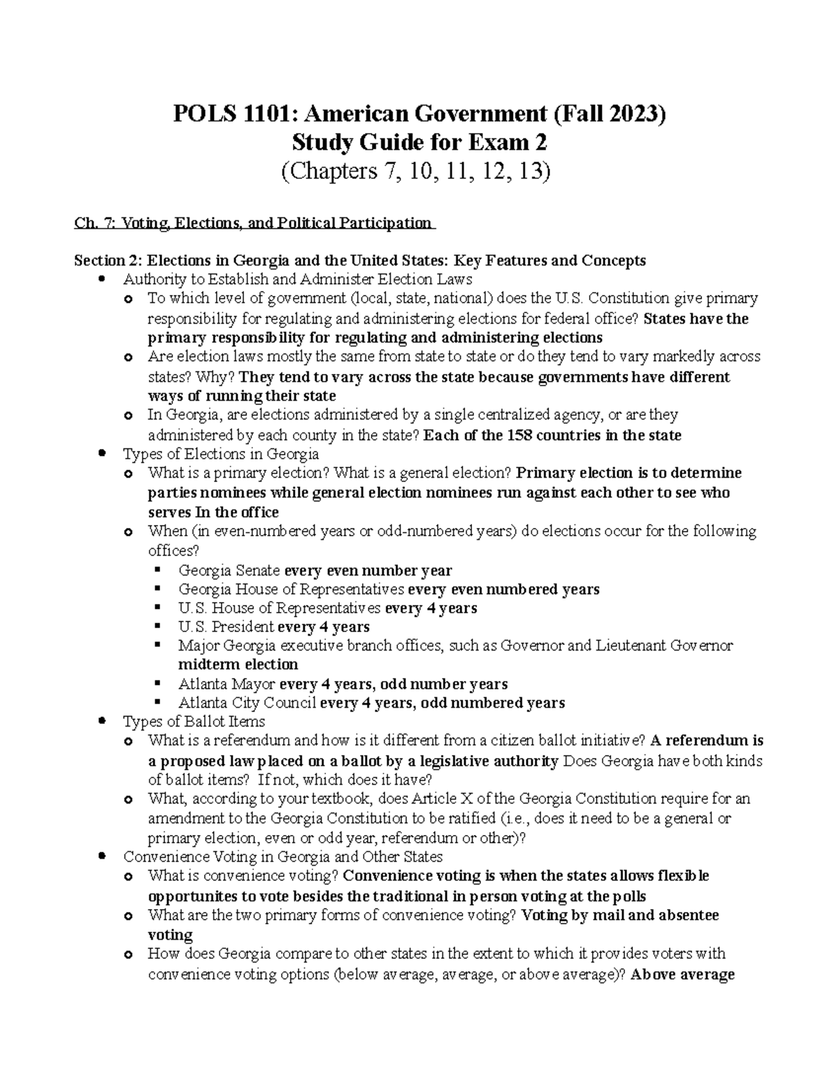 Exam Study Guide - POLS 1101: American Government (Fall 2023) Study ...