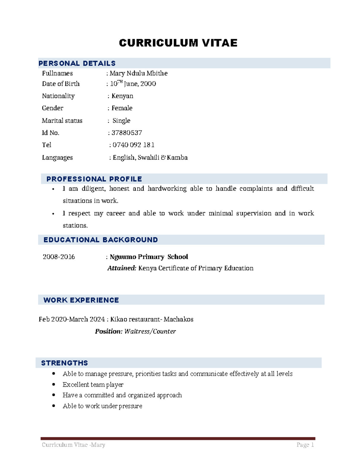 Cv mary - notes - Curriculum Vitae -Mary Page 1 CURRICULUM VITAE ...