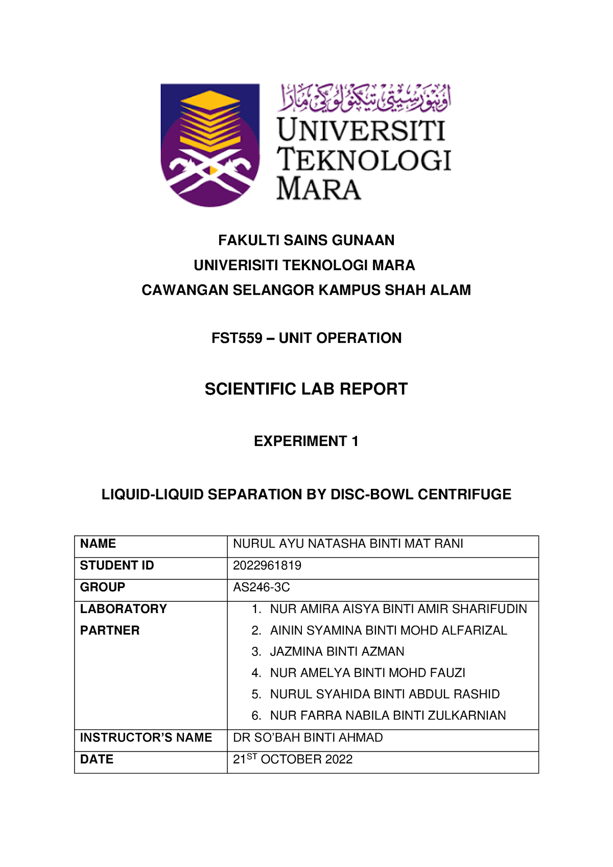 FST559 EXP1-LAB Report - FAKULTI SAINS GUNAAN UNIVERISITI TEKNOLOGI ...