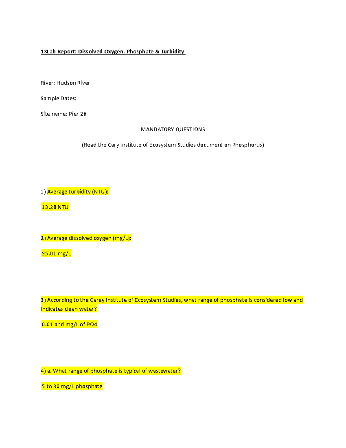 Lab 7 13Lab Report Dissolved Oxygen, Phosphate & Turbidity 13Lab