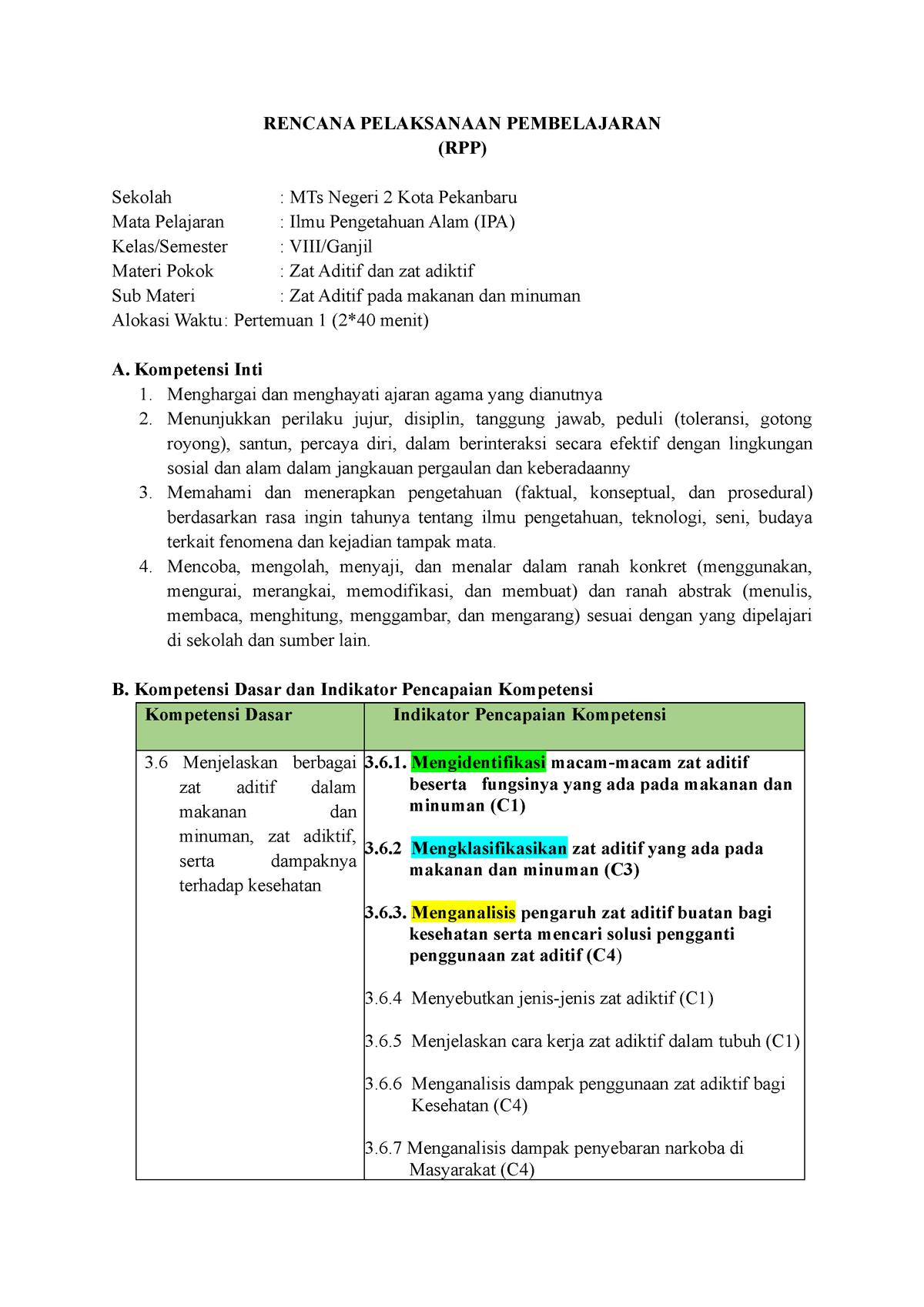 RPP 2 Revisi - RENCANA PELAKSANAAN PEMBELAJARAN (RPP) Sekolah : MTs ...