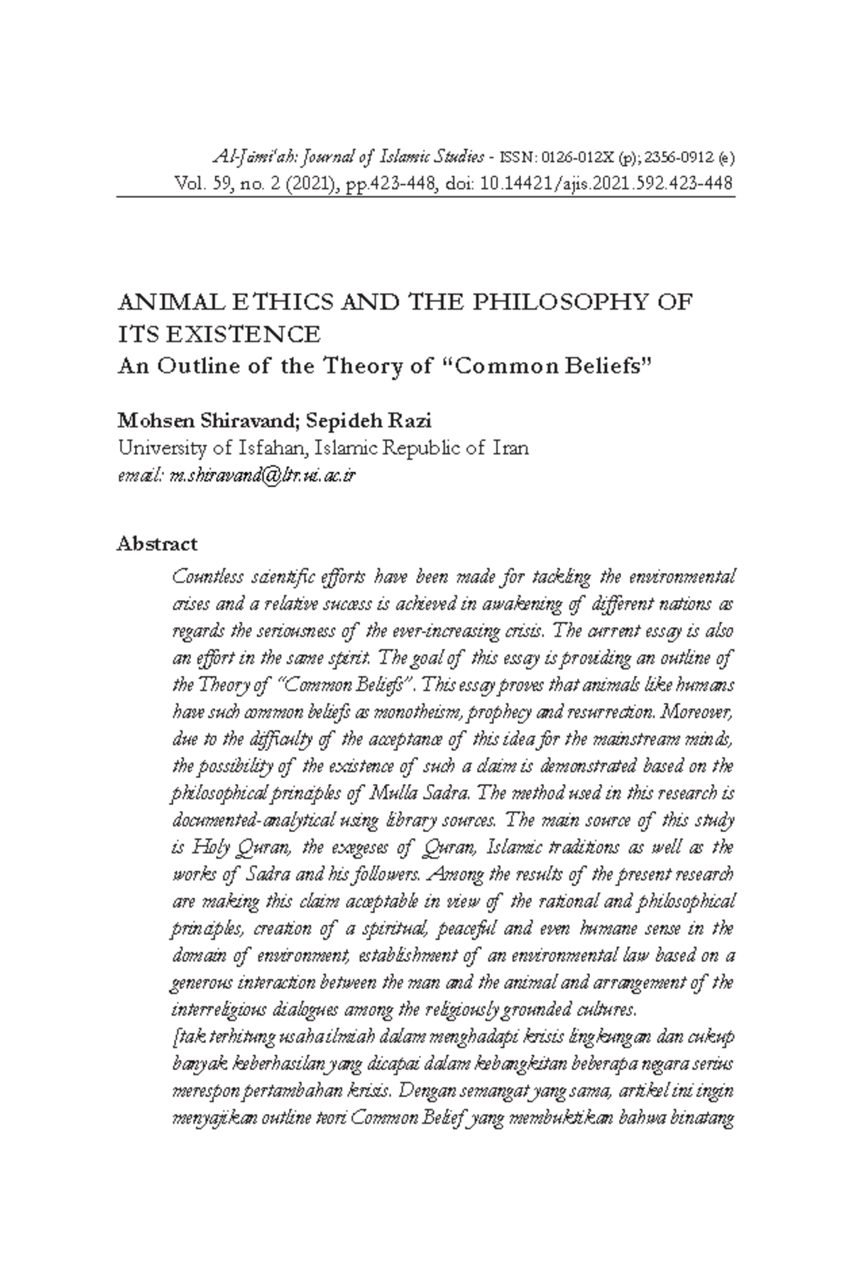 Animal Ethics AND THE Philosophy OF Islam' AlJāmi‘ah Journal of Islamic Studies ISSN