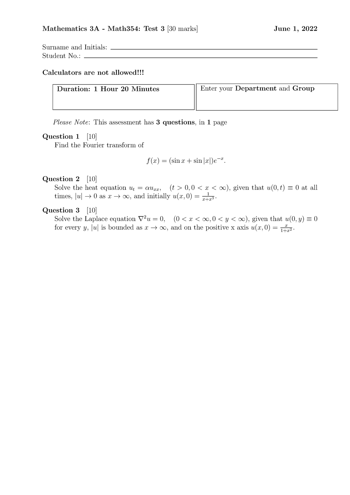 Math354-Test 3 - June 1 2022 - MATH354 - UKZN - Studocu