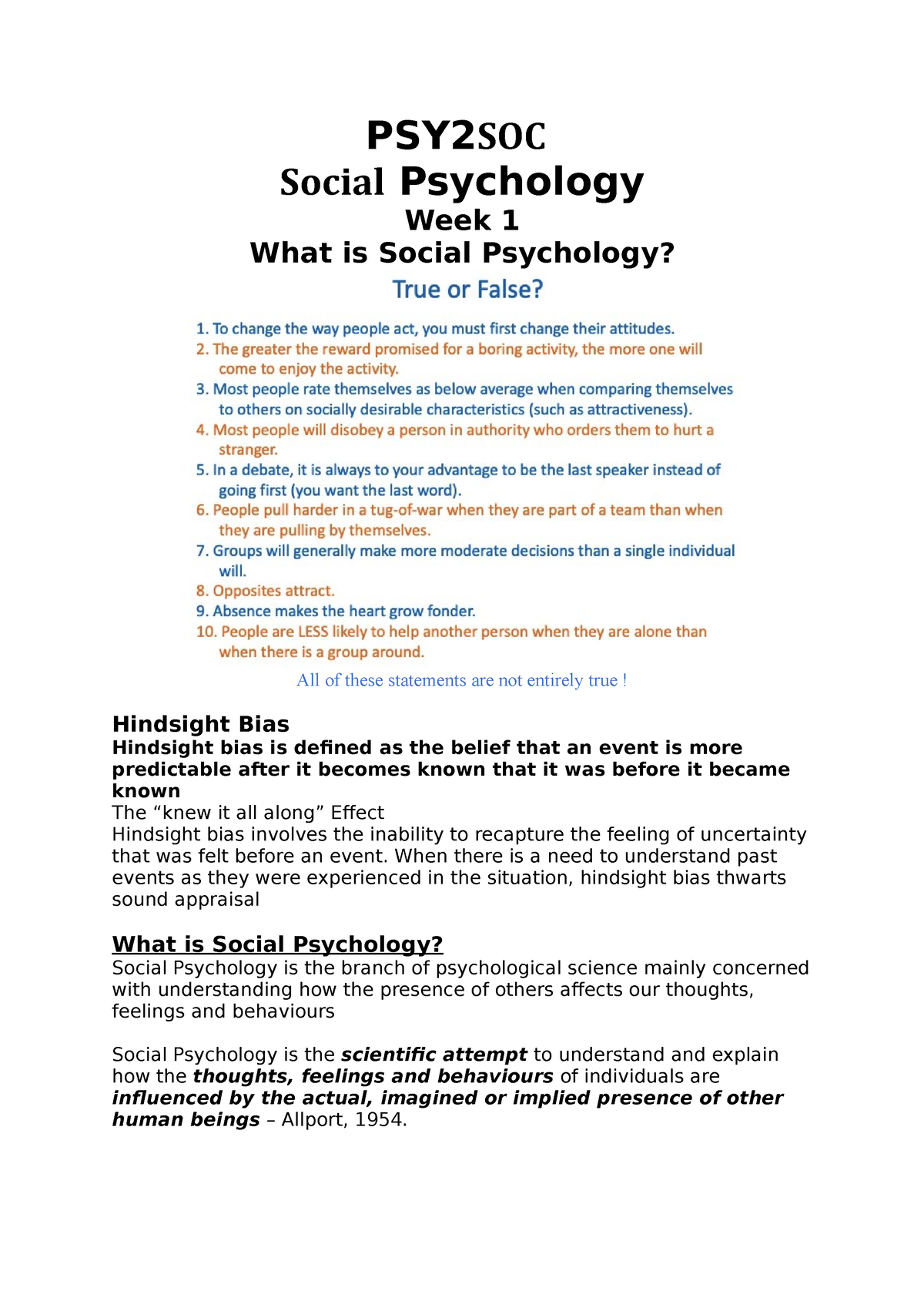 PSY2SOC - Lecture Notes - PSY2SOC Social Psychology Week 1 What Is ...