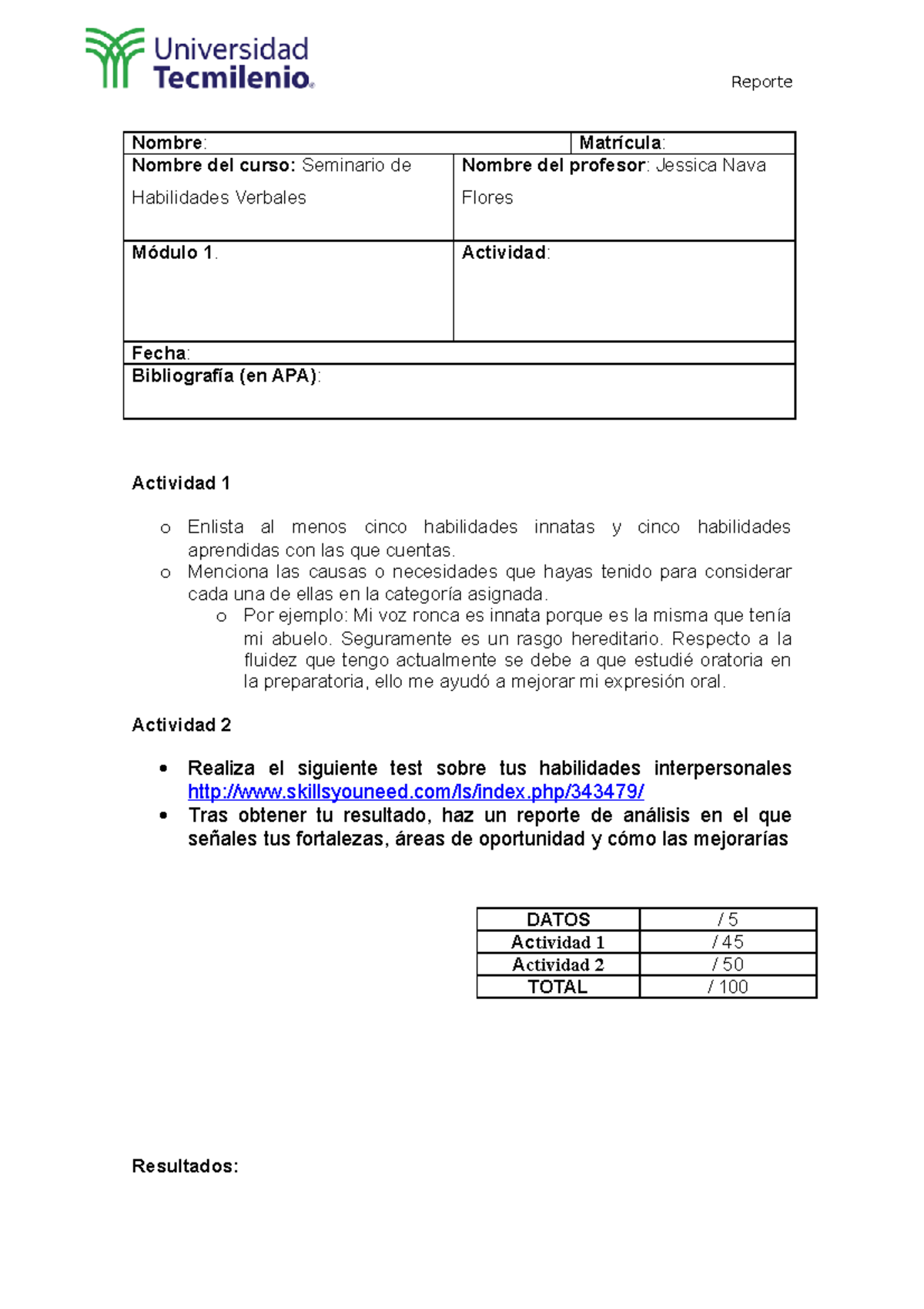 Actividad 1 del taller habilidades verbales - Reporte Nombre ...