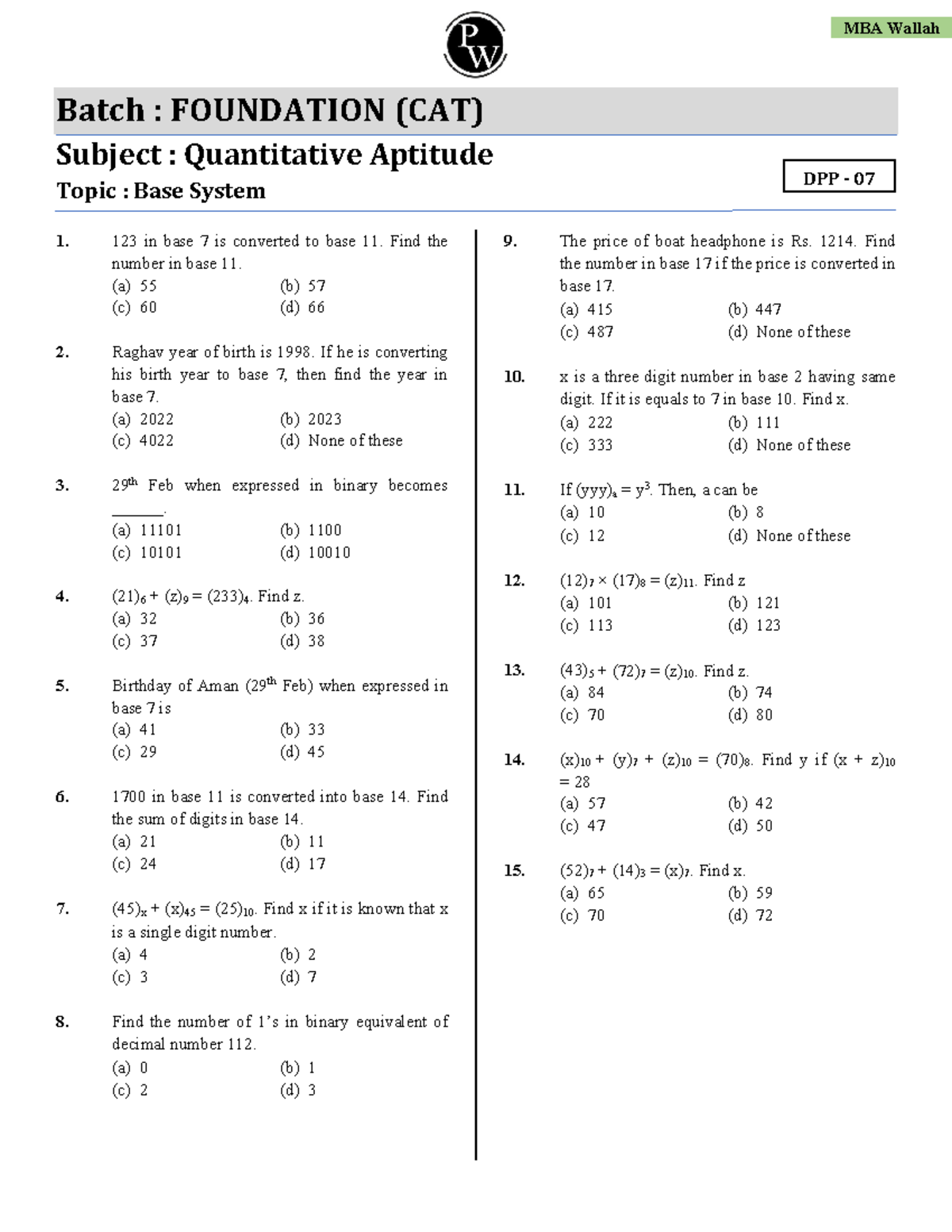 Quant Number System : Base System : DPP 07 MBA Foundation 2023 - Batch ...