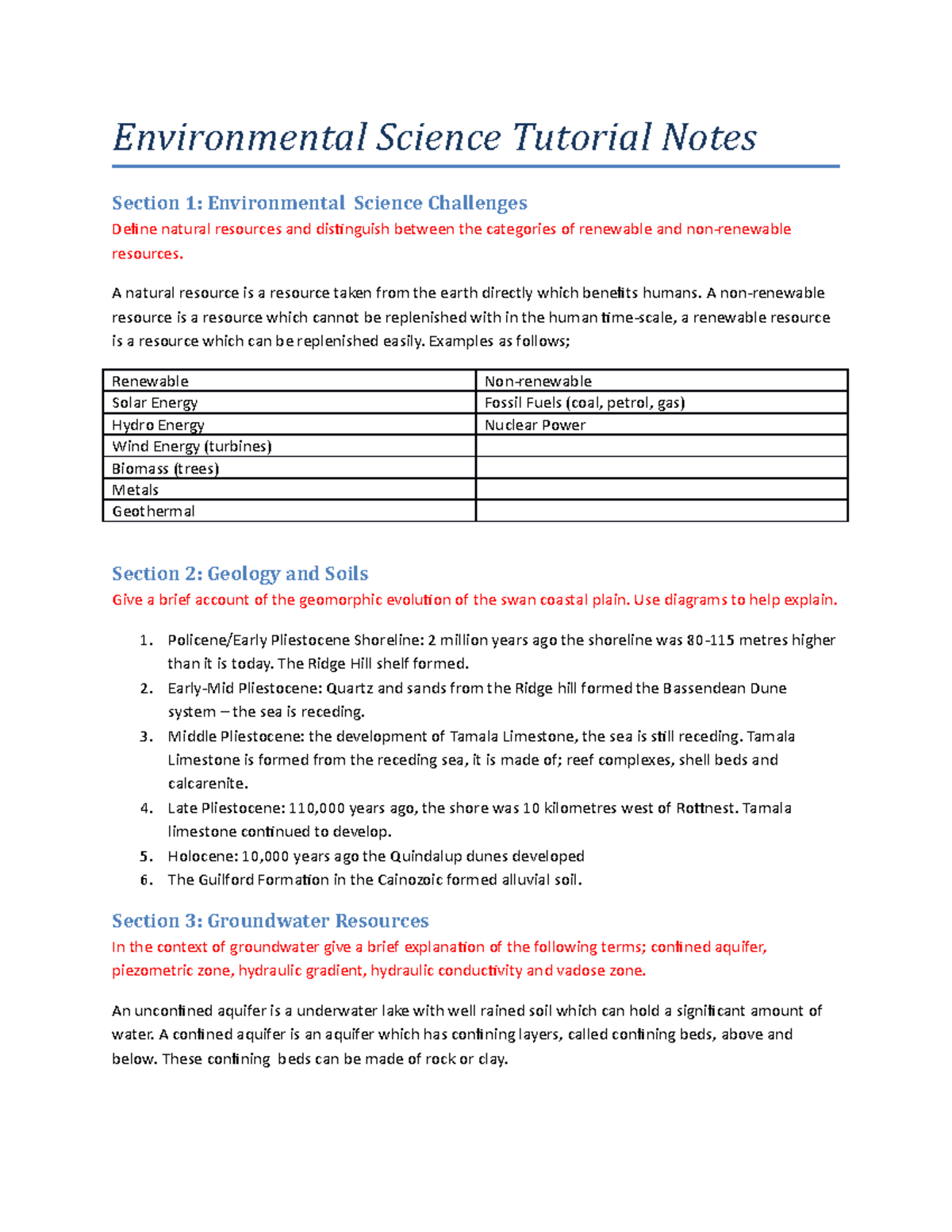 Tutorial work - summary - Environmental Science Tutorial Notes Section ...