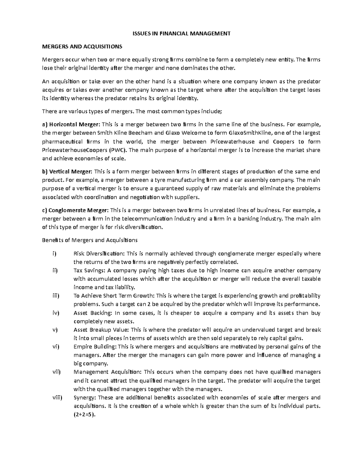 Issues IN FIN MGT- Short - ISSUES IN FINANCIAL MANAGEMENT MERGERS AND  ACQUISITIONS Mergers occur - StuDocu