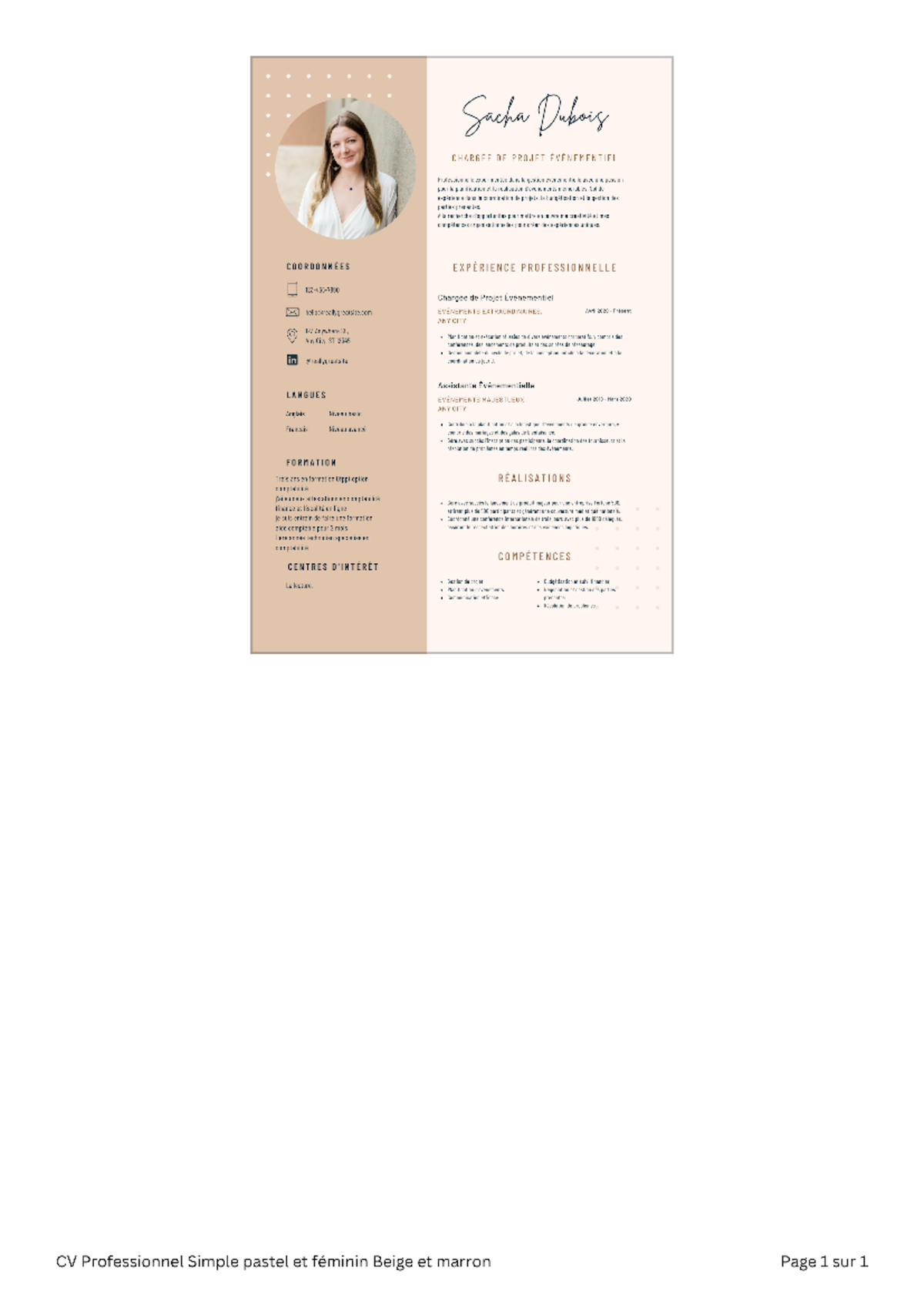 CV Professionnel Simple pastel et féminin Beige et marron 20231007 ...
