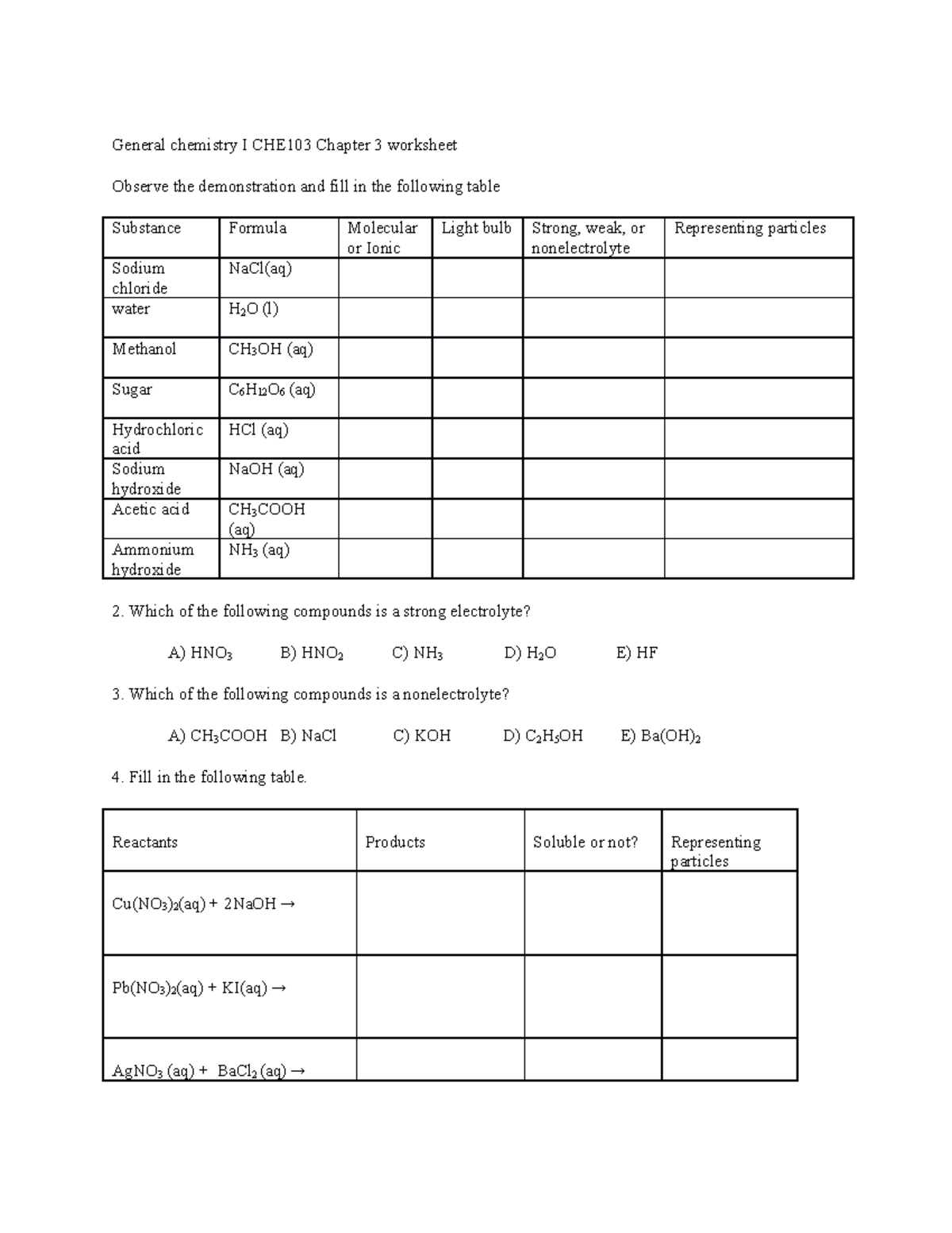 WS #3 - Chapter 1 - General chemistry I CHE103 Chapter 3 worksheet ...