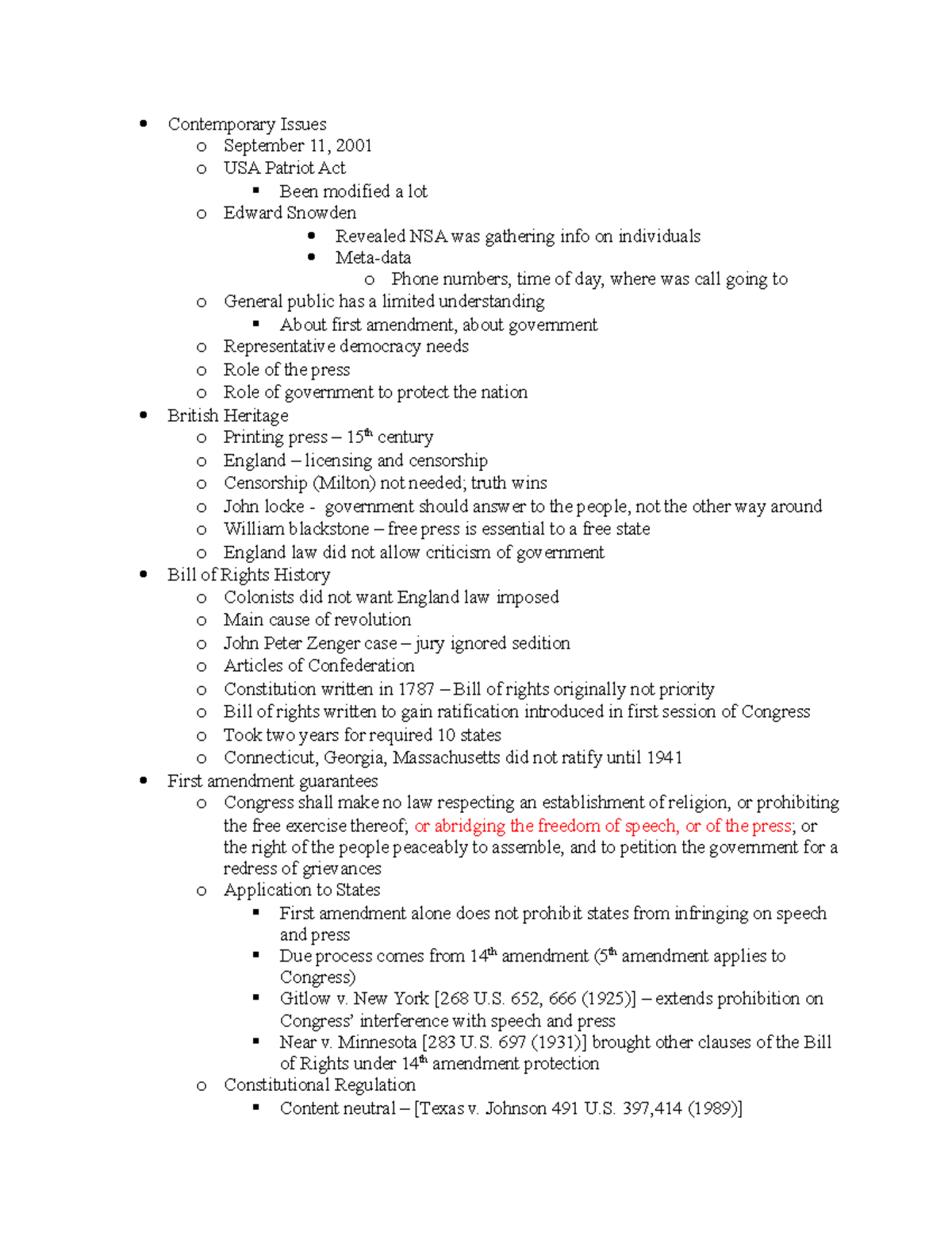 2 First amendment - Lecture notes 3 - Contemporary Issues o September ...