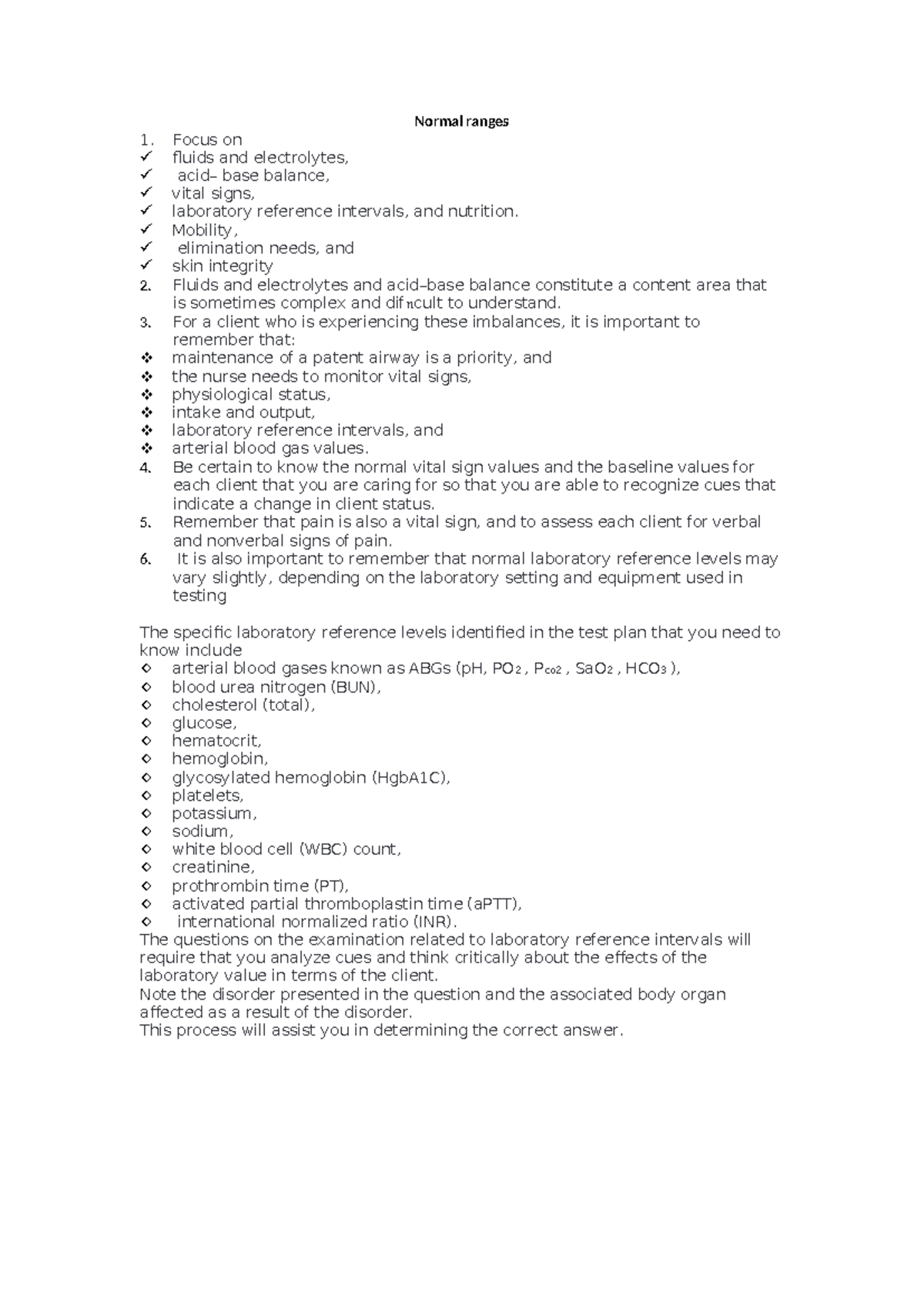 Normal ranges - Summary Medical Surgical Nursing - Normal ranges Focus ...