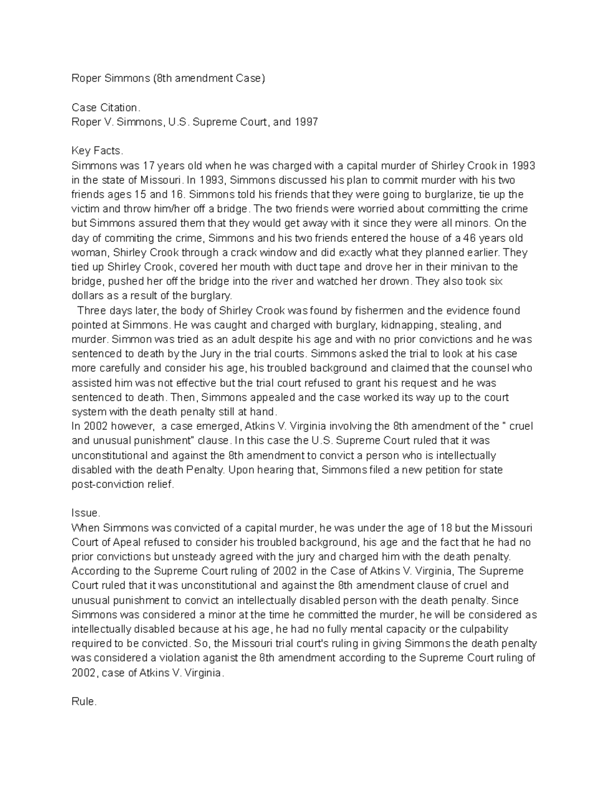 Administration of Justice Roper Simmons (8th amendment Case) Case Citation. Roper V. Simmons