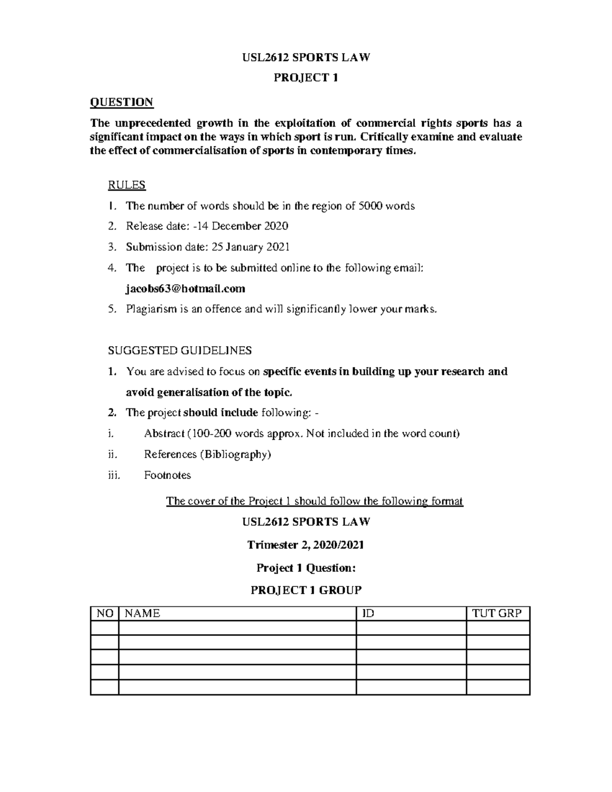 361303 USL2612 Project 1 Nov 2020 - USL2612 SPORTS LAW PROJECT 1 ...