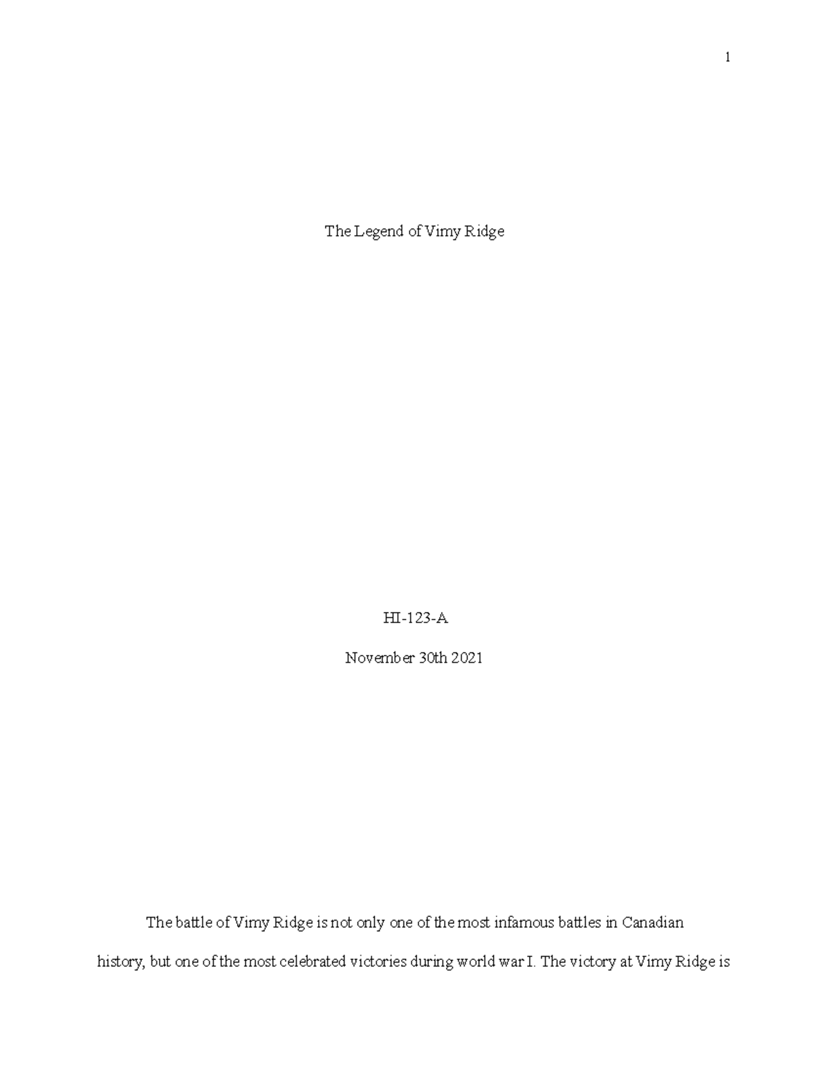 Vimy Ridge Essay - Grade: B+ - The Legend of Vimy Ridge HI-123-A ...
