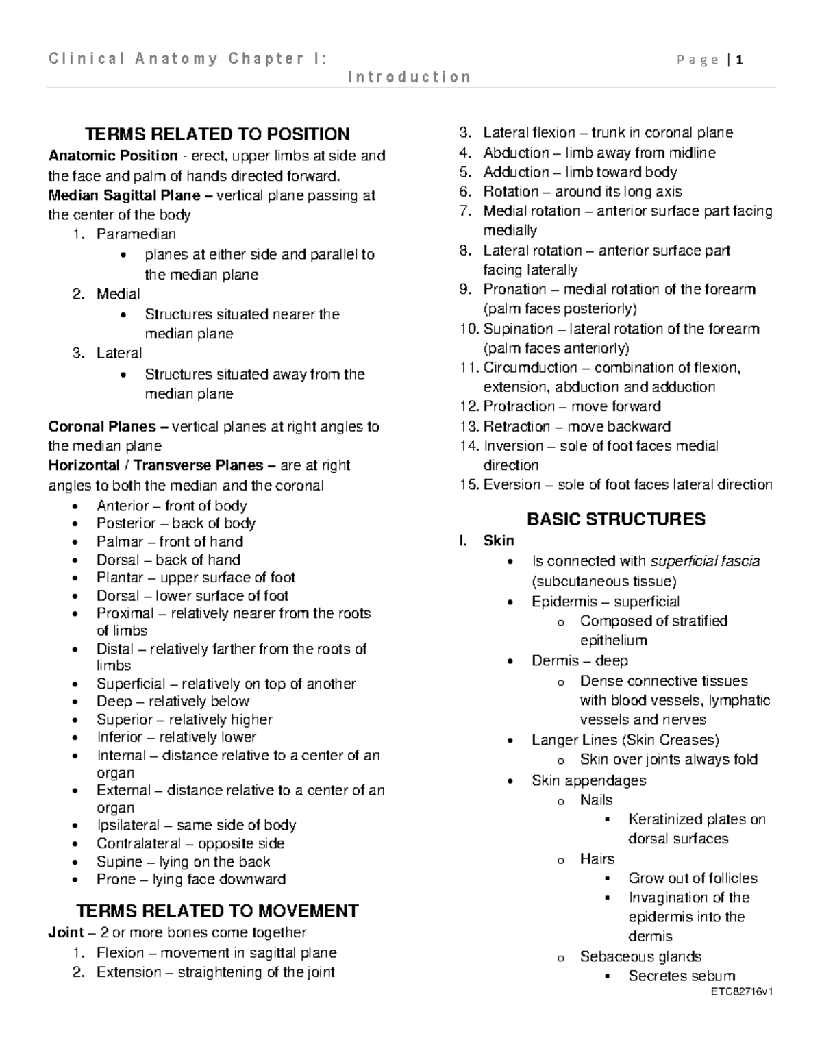Anatomy Lecture Chapter 1 Notes - I n t r o d u c t i o n TERMS RELATED ...