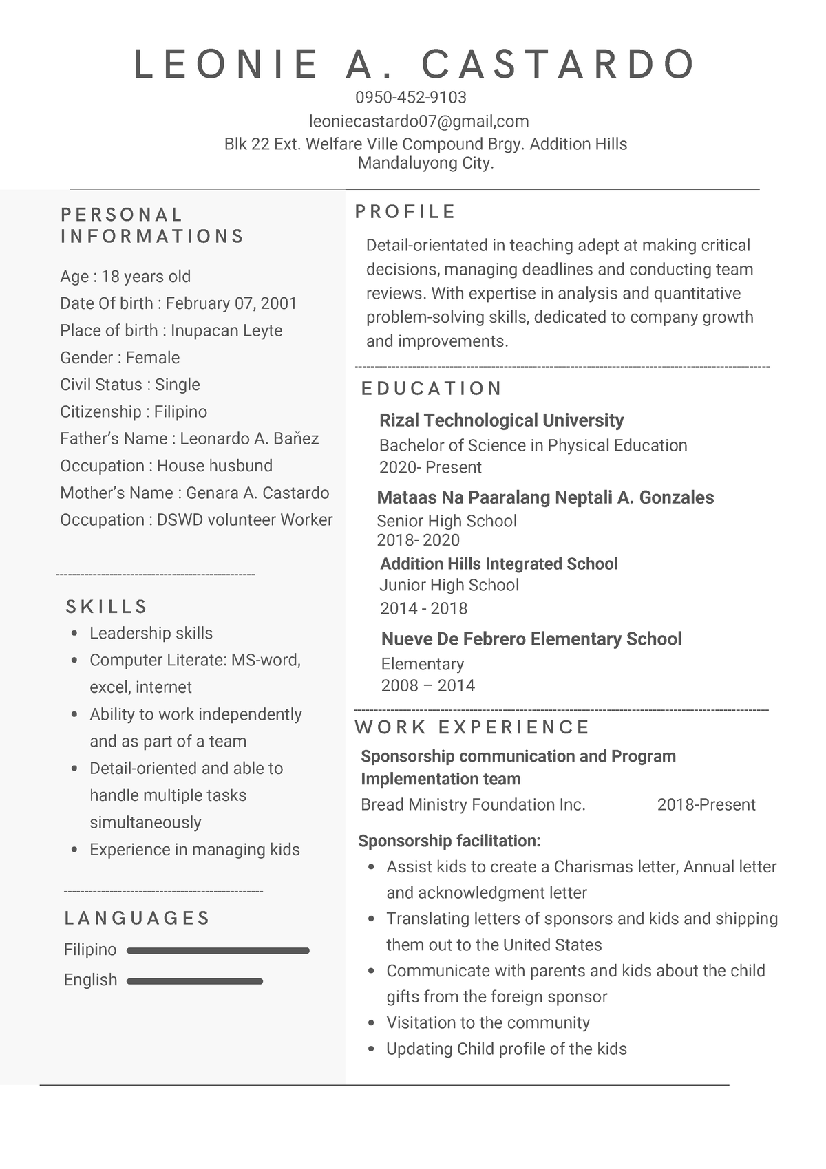 CV Leonie Castardo - Curriculum vitae - 0950-452- leoniecastardo07 ...