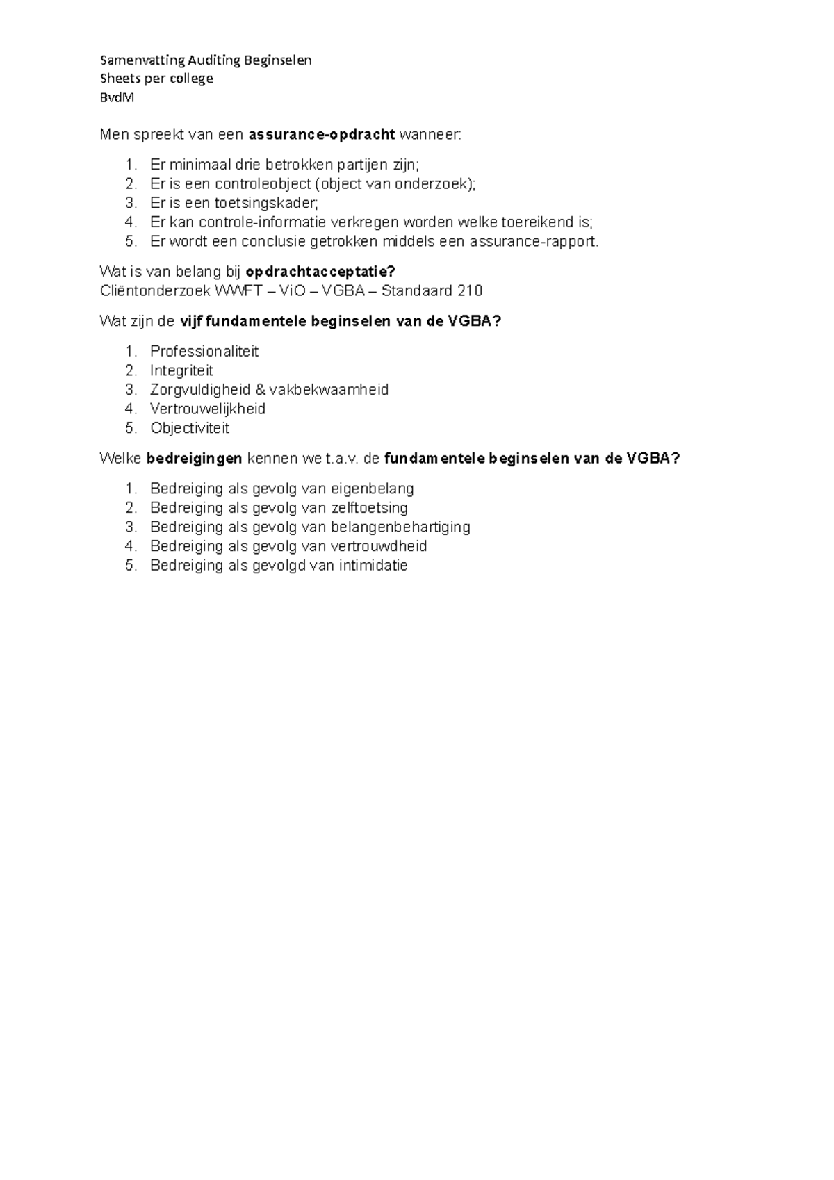 Samenvatting Auditing Beginselen - BvdM - Sheets Per College BvdM Men ...