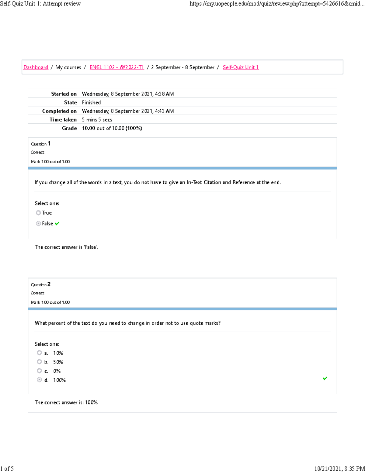 ENGL 1102 Self-Quiz Unit 1 Attempt Review 2 - Started On Wednesday, 8 ...