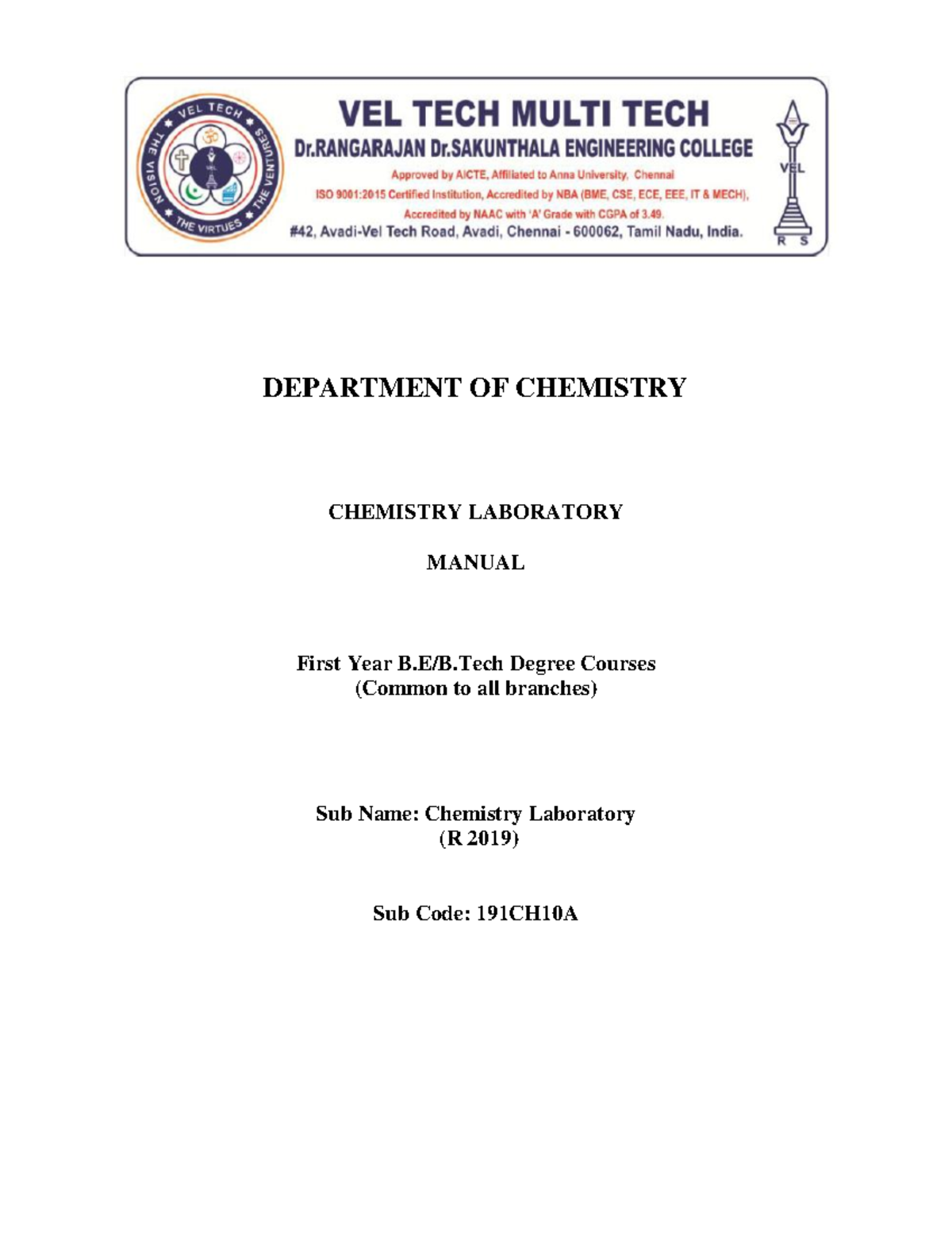 LAB Manual DEPARTMENT OF CHEMISTRY CHEMISTRY LABORATORY MANUAL First