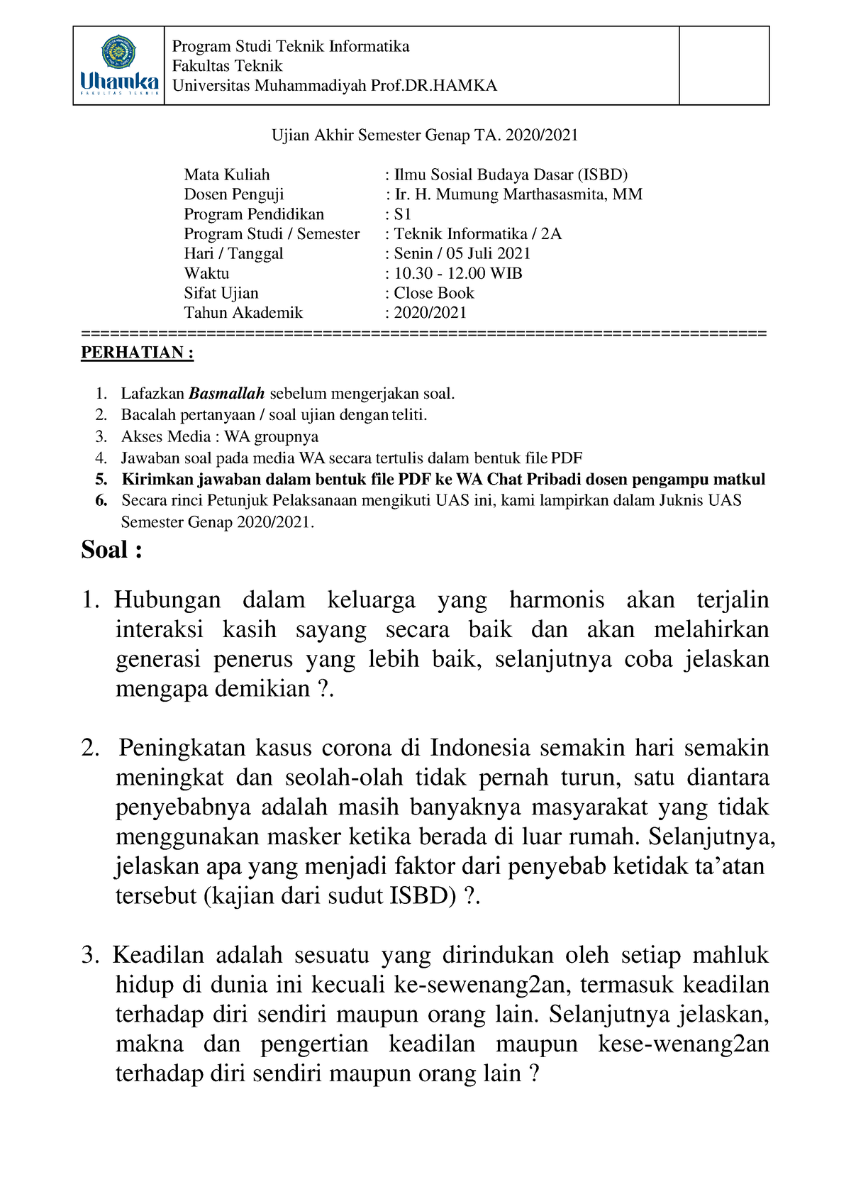 Contoh Soal Dan Jawaban UAS ISBD - Program Studi Teknik Informatika ...