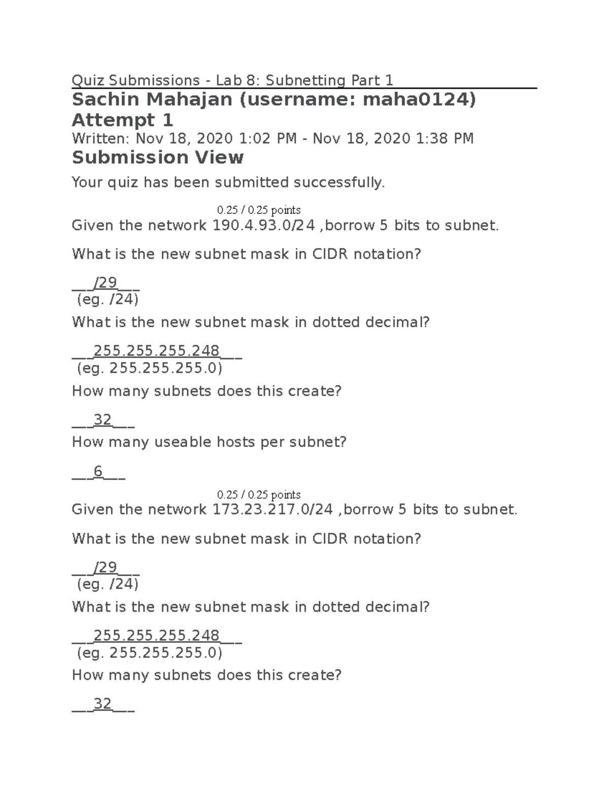 Lab 8 part 1 subnetting - CST8182 - Quiz Submissions - Lab 8 ...