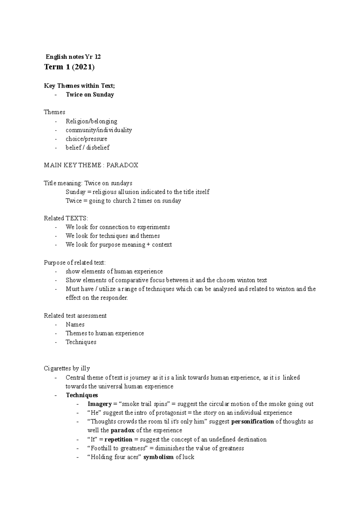 English notes Yr 12 - Related test assessment - Names - Themes to human ...