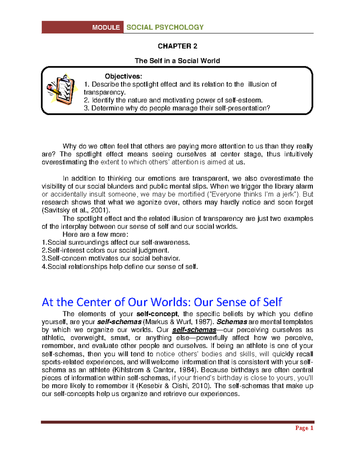 Chapter 2 THE SELF IN Social World - CHAPTER 2 The Self in a Social ...