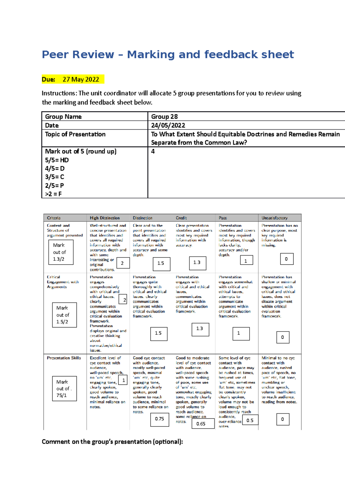 E. Assessment 2 Peer Review Sheet (1) Peer Review Marking and